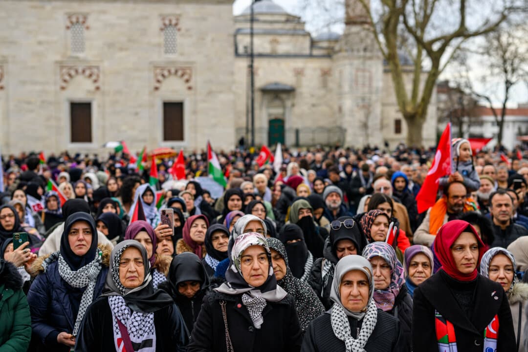 People in Istanbul, Turkey, take part in a protest against President Donald Trump's proposal to take over and move out the population in the Gaza Strip on Feb. 15, 2025. (Yasin Akgul/AFP via Getty Images)