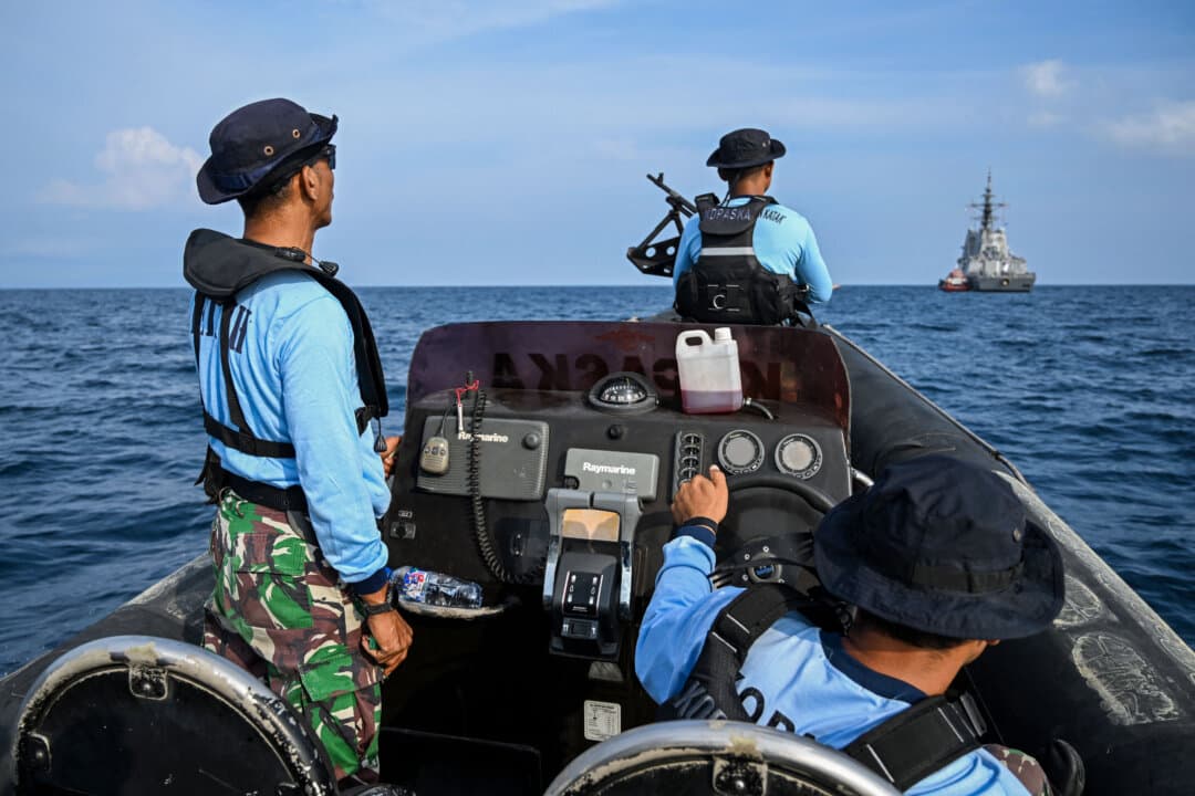 Frogman Forces Command personnel of the Indonesian Navy patrol during a rehearsal a day before the opening ceremony for the Komodo 2025 multilateral naval exercise at Denpasar, in Indonesia's Bali island, on Feb. 15, 2025. (Sonny Tumbelaka/AFP via Getty Images)