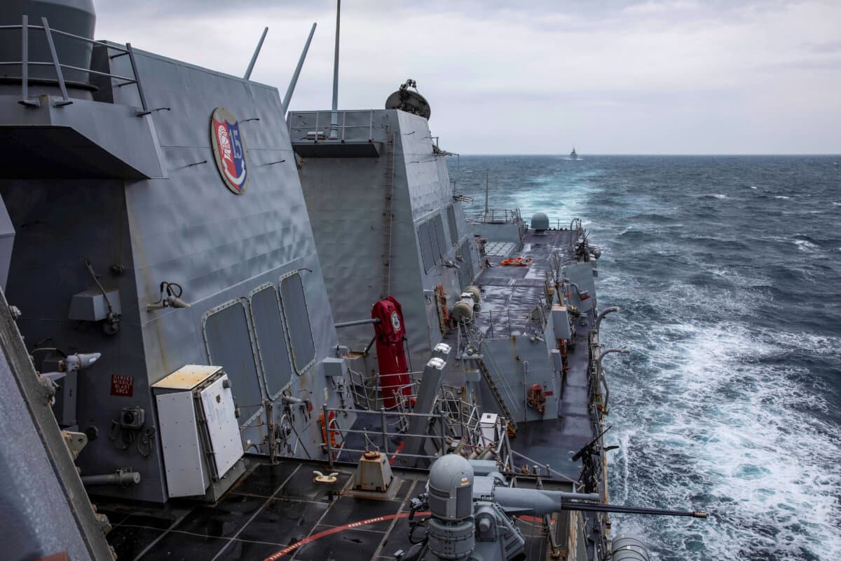 The Arleigh Burke-class guided-missile destroyer USS Ralph Johnson (DDG 114) conducts routine underway operations in the Taiwan Strait on Sept. 9, 2023. (Mass Communication Specialist 1st Class Jamaal Liddell/U.S. Navy via AP)