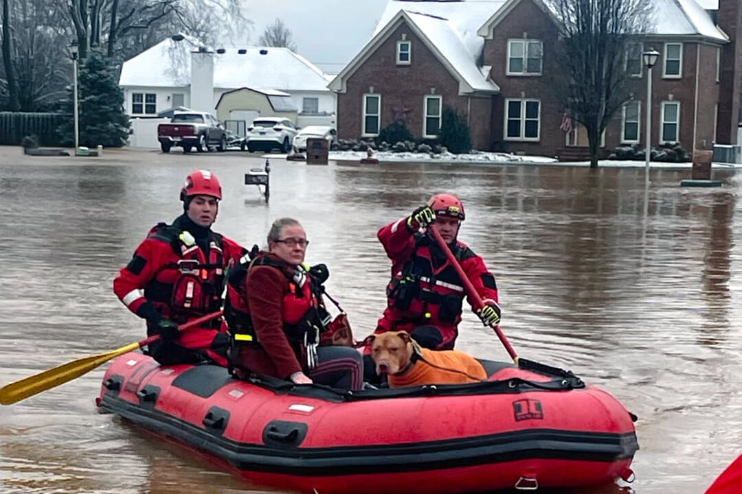 Clarksville Fire Rescue members perform water rescues to evacuate trapped people during flooding in Clarksville, Tenn., on Feb. 16, 2025. (Clarksville Fire Rescue via Getty Images)