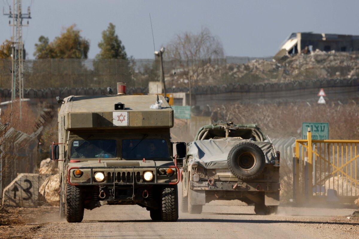 Israeli army vehicles in the northern Israeli town of Metula, on the border with Lebanon, on Jan. 7, 2025. (Jalaa Marey/AFP via Getty Images)