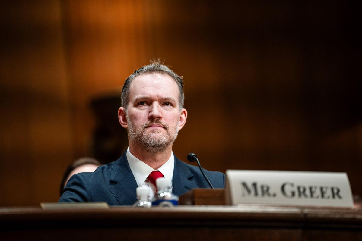 Jamieson Greer, nominee for U.S. trade representative, testifies before the Senate Committee on Finance in Washington on Feb. 6, 2025. (Madalina Vasiliu/The Epoch Times)