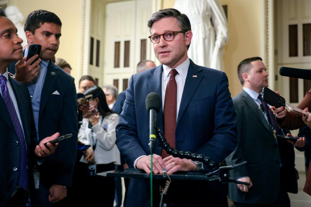 Speaker of the House Mike Johnson (R-La.) delivers remarks after the House passed the Republican's budget resolution on the spending bill at the U.S. Capitol on Feb. 25, 2025. (Kayla Bartkowski/Getty Images)