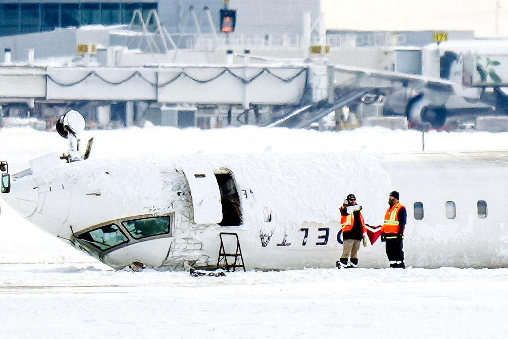 (Left) A large portion of the damaged plane fuselage is lifted from the Potomac River during recovery efforts after an American Airlines plane collided with a U.S. Army helicopter, in Arlington, Va., on Feb. 3, 2025. (Right) A Delta Air Lines plane lies upside down at Toronto Pearson Airport on Feb. 18, 2025. (Chip Somodevilla/Getty Images, Chris Young/The Canadian Press via AP)