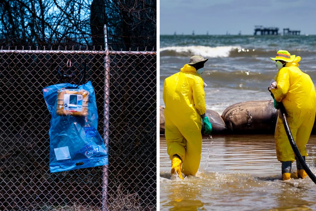 (Left) An air quality monitor hangs on a fence near a derailment site of a train carrying toxic chemicals, in East Palestine, Ohio, on Feb. 16, 2023. (Right) Workers use a vacuum hose to capture some of the oil washing onto Fourchon Beach from the Deepwater Horizon oil spill in the Gulf of Mexico, in Port Fourchon, La., on June 28, 2010. (Michael Swensen/Getty Images, Joe Raedle/Getty Images)