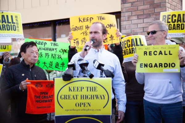 Matt Boschetto, former District 7 supervisor candidate and one of the plaintiffs in the lawsuit against Prop K, speaks at the press conference in San Francisco on March 11, 2025. (Lear Zhou/The Epoch Times)