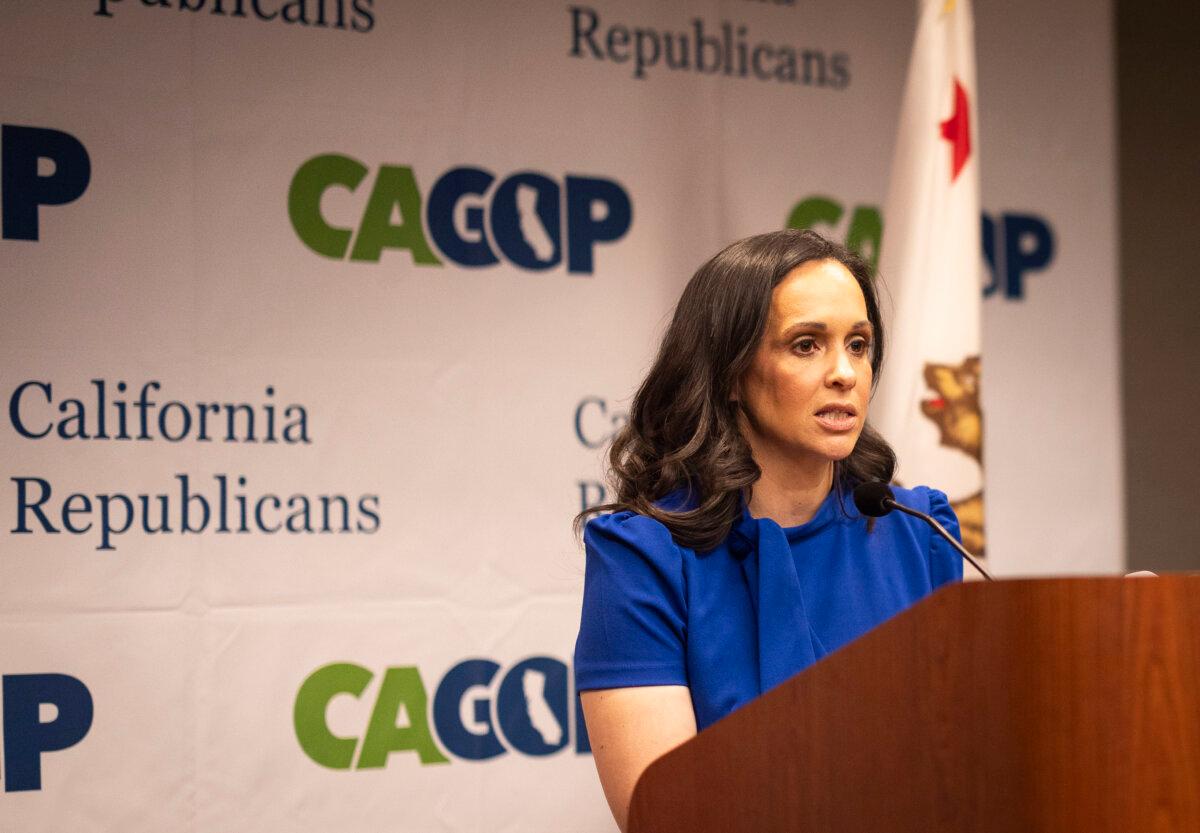 Outgoing CAGOP Chairwoman Jessica Milan Patterson speaks in Sacramento, Calif., on March 15, 2025. (John Fredricks/The Epoch Times)