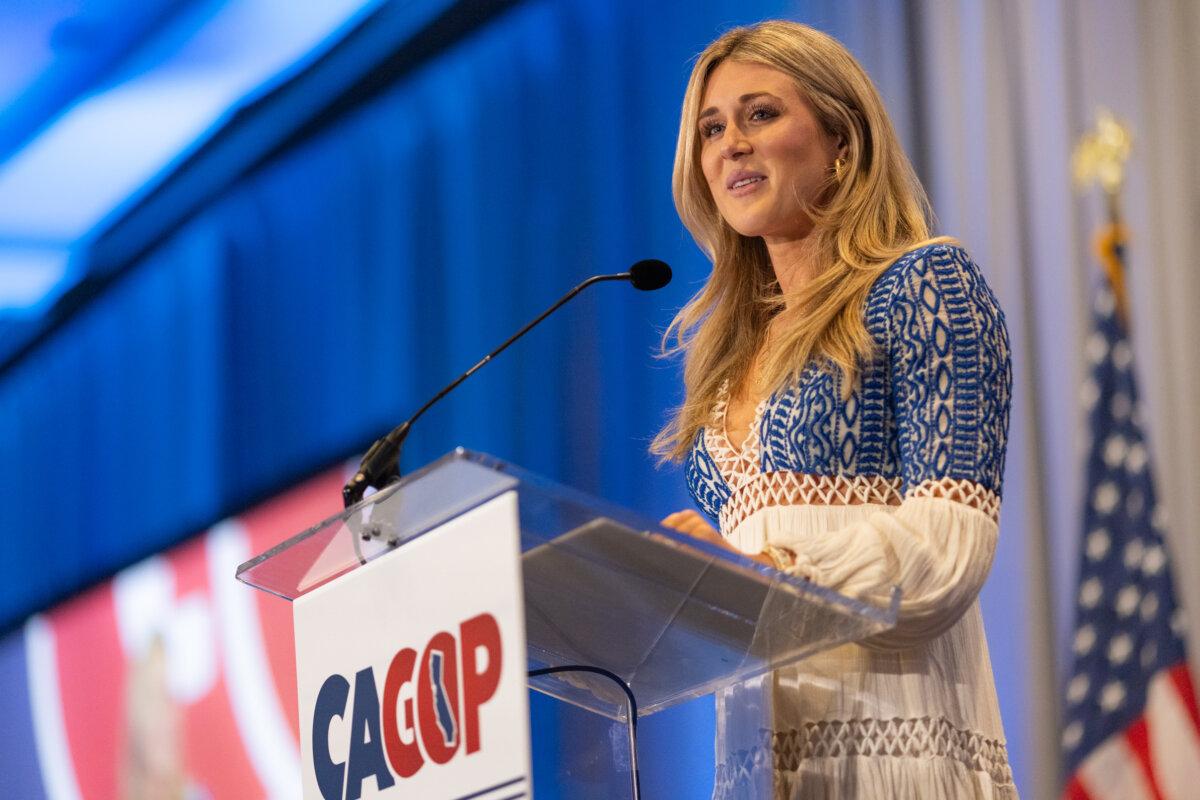 Riley Gaines speaks at the CAGOP in Sacramento, Calif., on March 15, 2025. (John Fredricks/The Epoch Times)