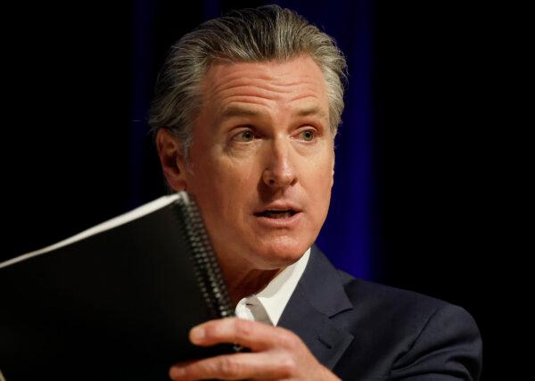California Gov. Gavin Newsom speaks at a news conference at East Los Angeles College in Monterey Park, Calif., on Feb. 26, 2025. (Mario Tama/Getty Images)