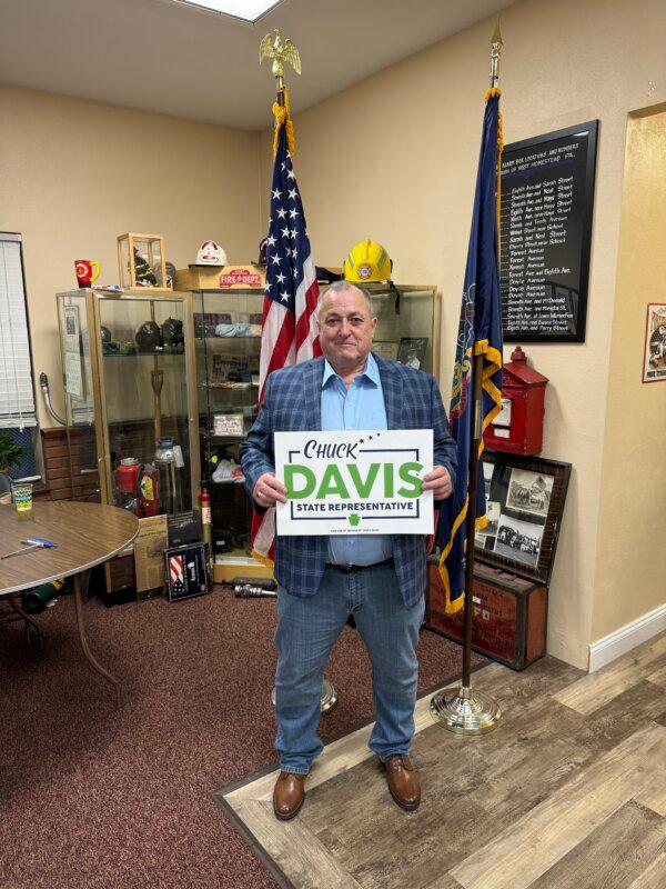 Chuck Davis, the Republican nominee for the special election in Pennsylvania State House District 35, at an event for his candidacy in Munhall, Pa., on March 21, 2025. (Arjun Singh/The Epoch Times)