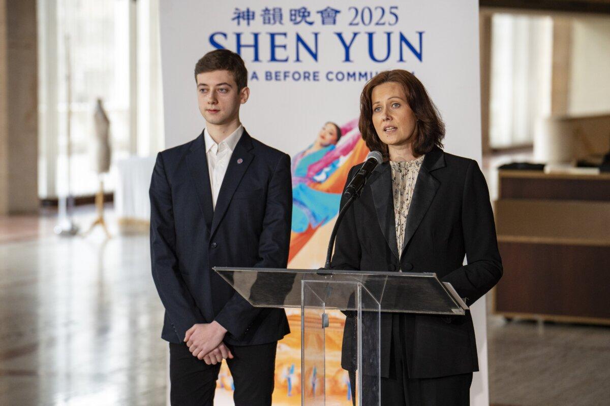 Kay Rubacek, mother of Lee Rubacek, a student at Fei Tian College, speaks at a press conference highlighting the Chinese Communist Party's activities targeting the company at Lincoln Center in New York City on March 26, 2025. (Samira Bouaou/The Epoch Times)