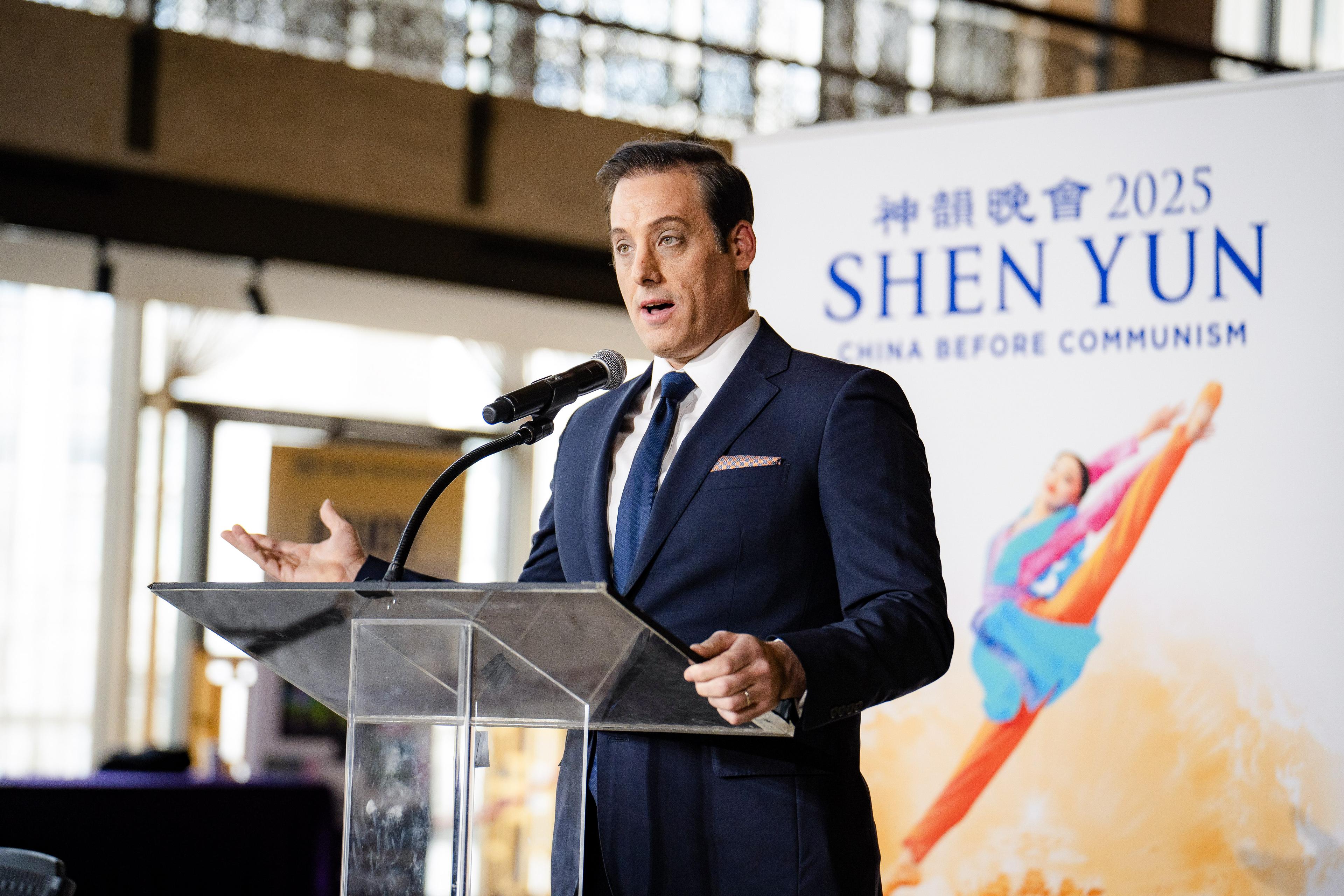 Shen Yun master of ceremonies Leeshai Lemish speaks at a press conference highlighting the Chinese Communist Party's transnational repression activities targeting the company, at Lincoln Center in New York City on March 26, 2025. (Samira Bouaou/The Epoch Times)