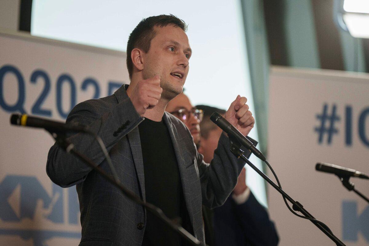 Jens-Frederik Nielsen, leader of the Demokraatit party, participates in a TV debate before the upcoming elections in Nuuk, Greenland, on March 8, 2025. He has served as Greenland's prime minister since April. (Evgeniy Maloletka/AP Photo)