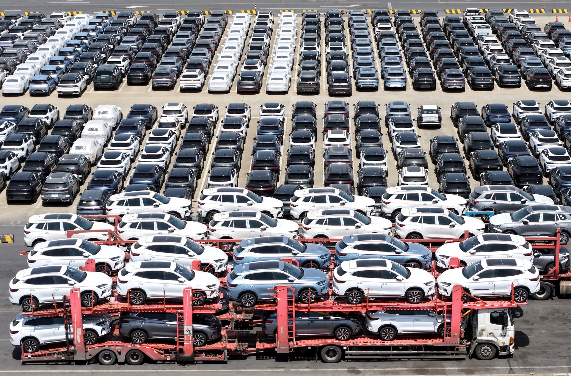 Chinese-made cars for export at a port in Shanghai on April 17, 2025. (China Out via Getty Images)