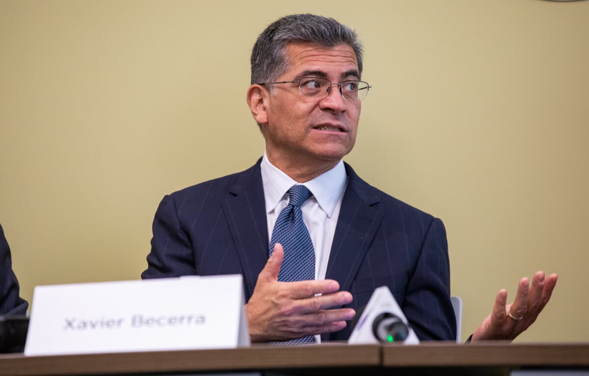 Secretary of Health and Human Services Xavier Becerra attends a town hall meeting at a clinic in Orange, Calif., on March 9, 2022. (John Fredricks/The Epoch Times)