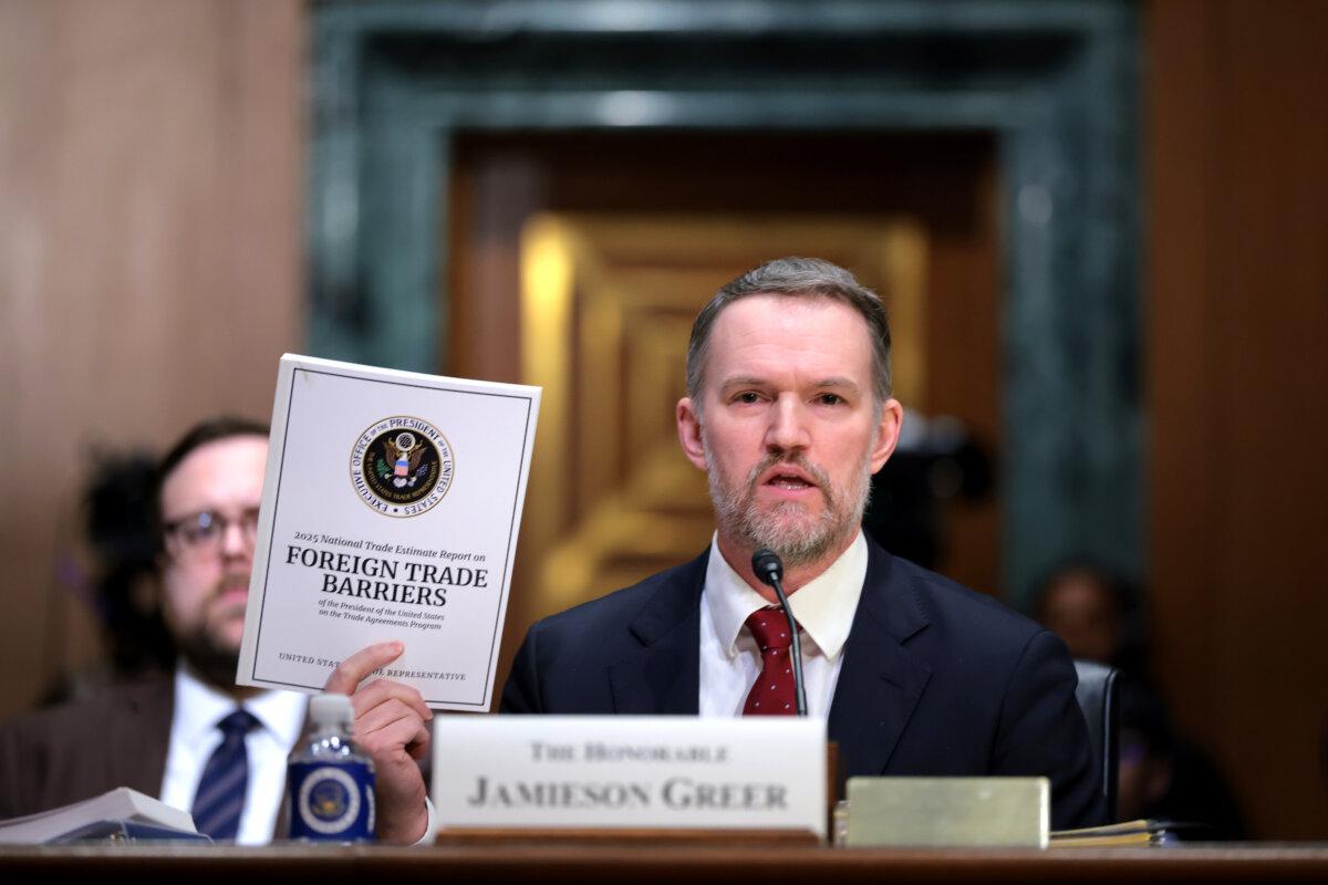 U.S. Trade Representative Jamieson Greer testifies before the Senate Finance Committee in the Dirksen Senate Office Building in Washington on April 8, 2025. (Kayla Bartkowski/Getty Images)