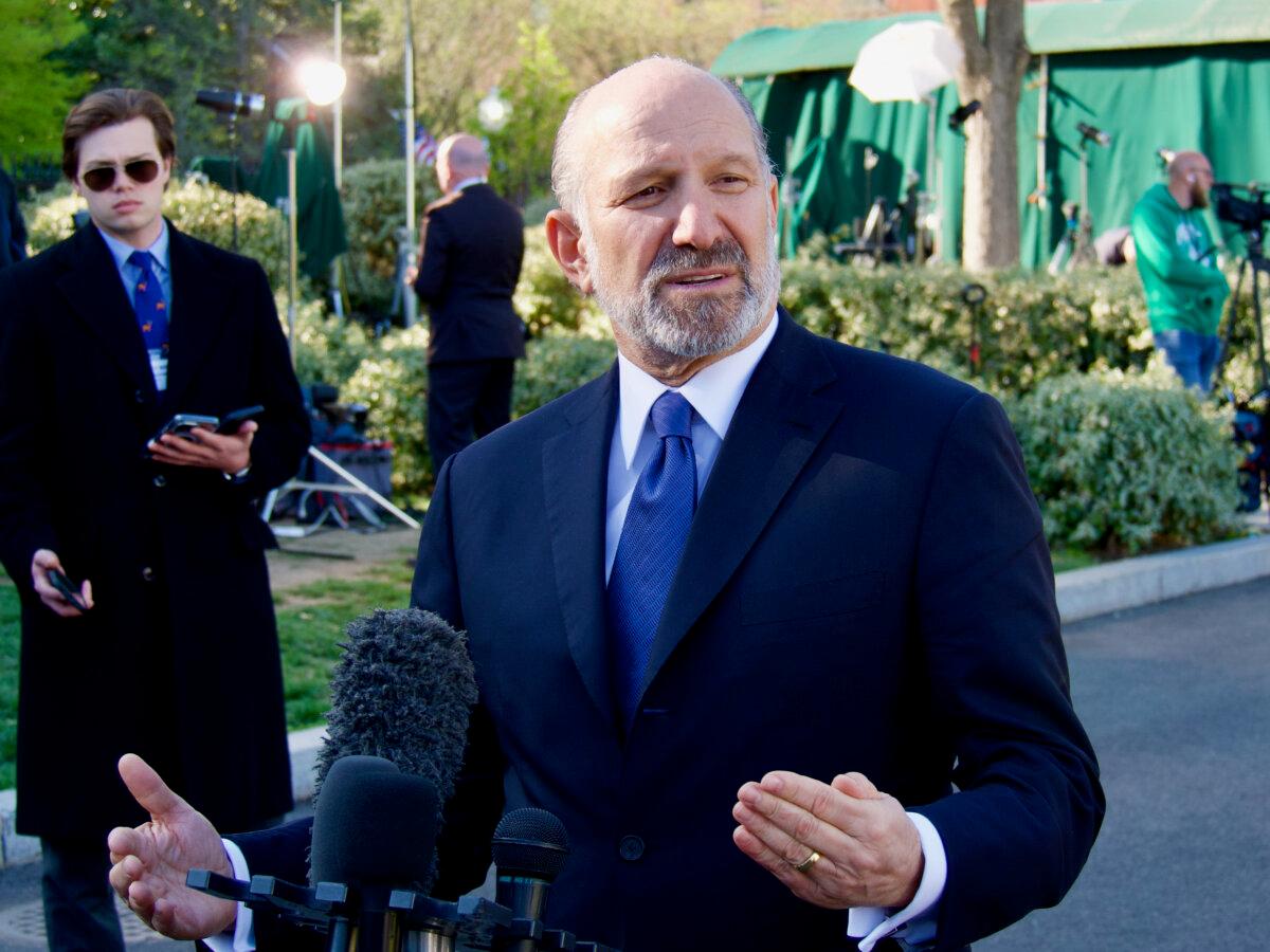 Commerce Secretary Howard Lutnick speaks to reporters at the White House on April 9, 2025. (Travis Gillmore/The Epoch Times)