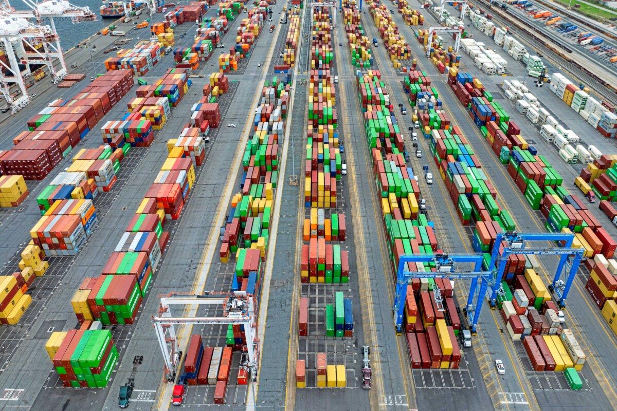 Shipping containers stacked at the Port of Baltimore in Baltimore, Md., on April 10, 2025. (Jim Watson/AFP via Getty Images)