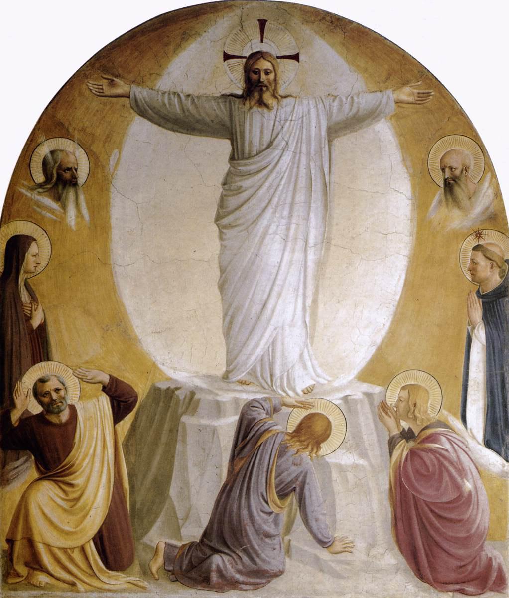 "Transfiguration," 1440–1442, by Fra Angelico for cell six. Fresco, tempera, and plaster; 71 1/5 inches by 59 4/5 inches. San Marco Convent, Florence. (Public Domain)