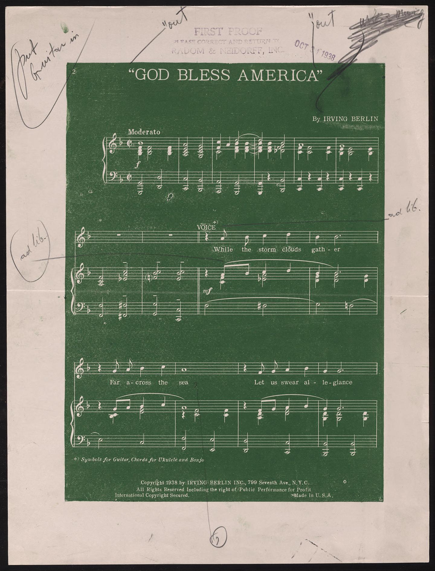 First edition printers' proofs for the sheet music to "God Bless America," 1938, by Irving Berlin. Library of Congress. (Public Domain)
