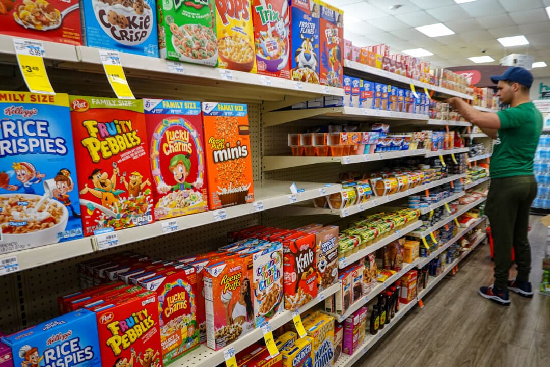 Boxes of sugary cereal fill a store's shelves in Miami on April 16, 2025. Health and Human Services Secretary Robert F. Kennedy Jr. said that many manufactured food products are high in calories but low in nutritional value. (Joe Raedle/Getty Images)