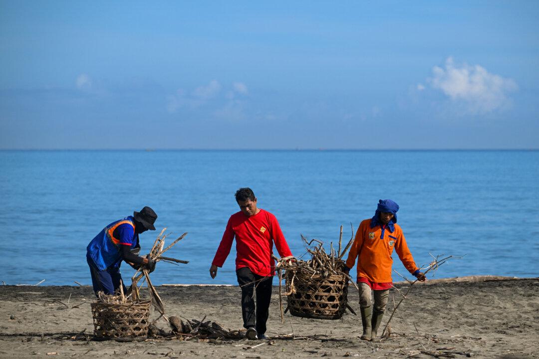 Volunteers clean a beach to mark Earth Day in Banda Aceh, Indonesia, on April 22, 2025. (Chaideer Mahyuddin/AFP via Getty Images)