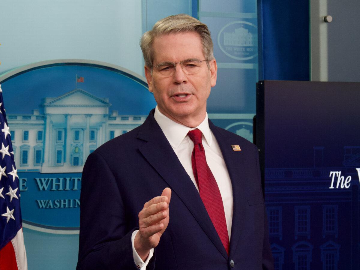 Treasury Secretary Scott Bessent speaks to reporters during a briefing at the White House on April 29, 2025. (Travis Gillmore/The Epoch Times)