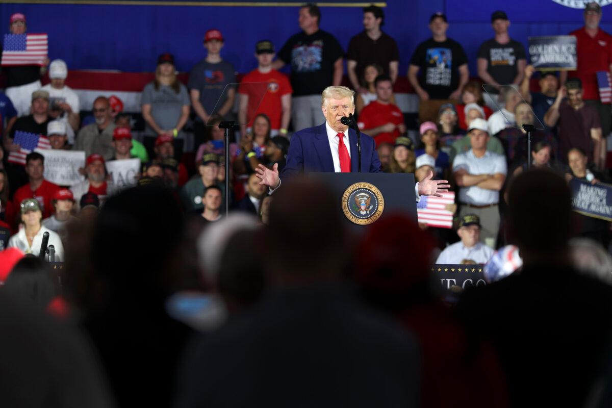President Donald Trump speaks during a rally at Macomb Community College at Warren, Mich., on April 29, 2025. (Scott Olson/Getty Images)