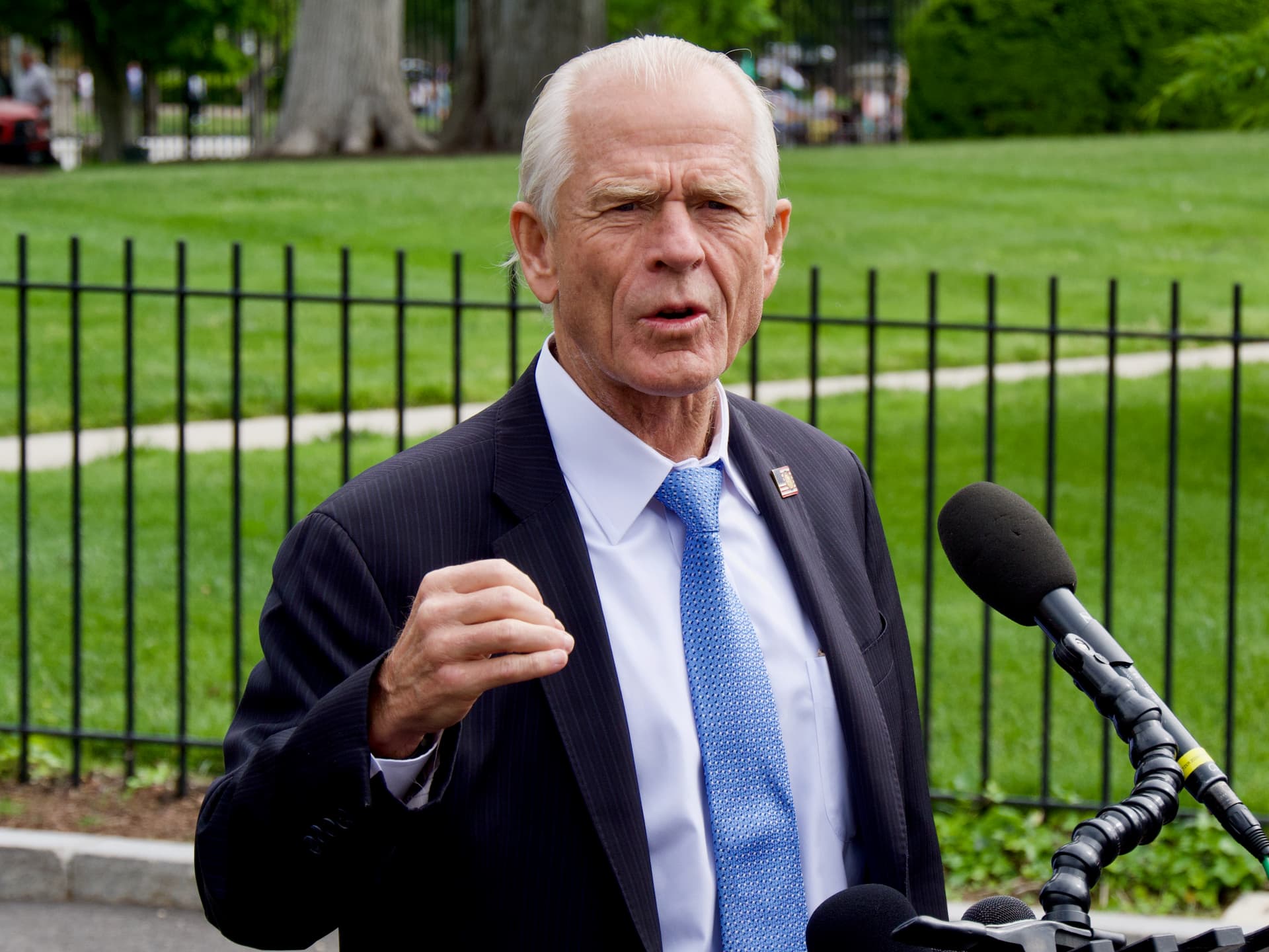 Peter Navarro, senior counsellor to the U.S. president, speaks to reporters at the White House in Washington on April 30, 2025. (Travis Gillmore/The Epoch Times)