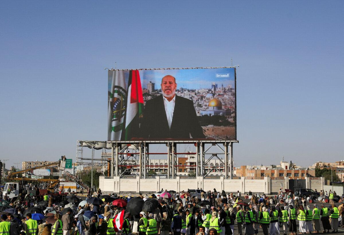 Protesters, mainly Houthi supporters, during a rally to show support for Lebanon's Hezbollah and Palestinians in the Gaza Strip, in Sanaa, Yemen, on Oct. 18, 2024. (Khaled Abdullah/Reuters)