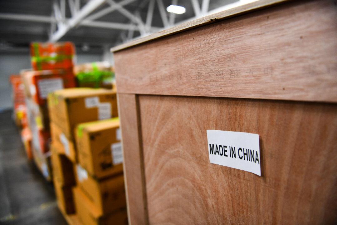 A “Made in China” sticker is seen on a shipping crate of items seized by U.S. Customs and Border Protection for inspection, at the Air Freight Federal Inspection Facility near LAX in Los Angeles on Feb. 4, 2022. (Patrick T. Fallon/AFP via Getty Images)
