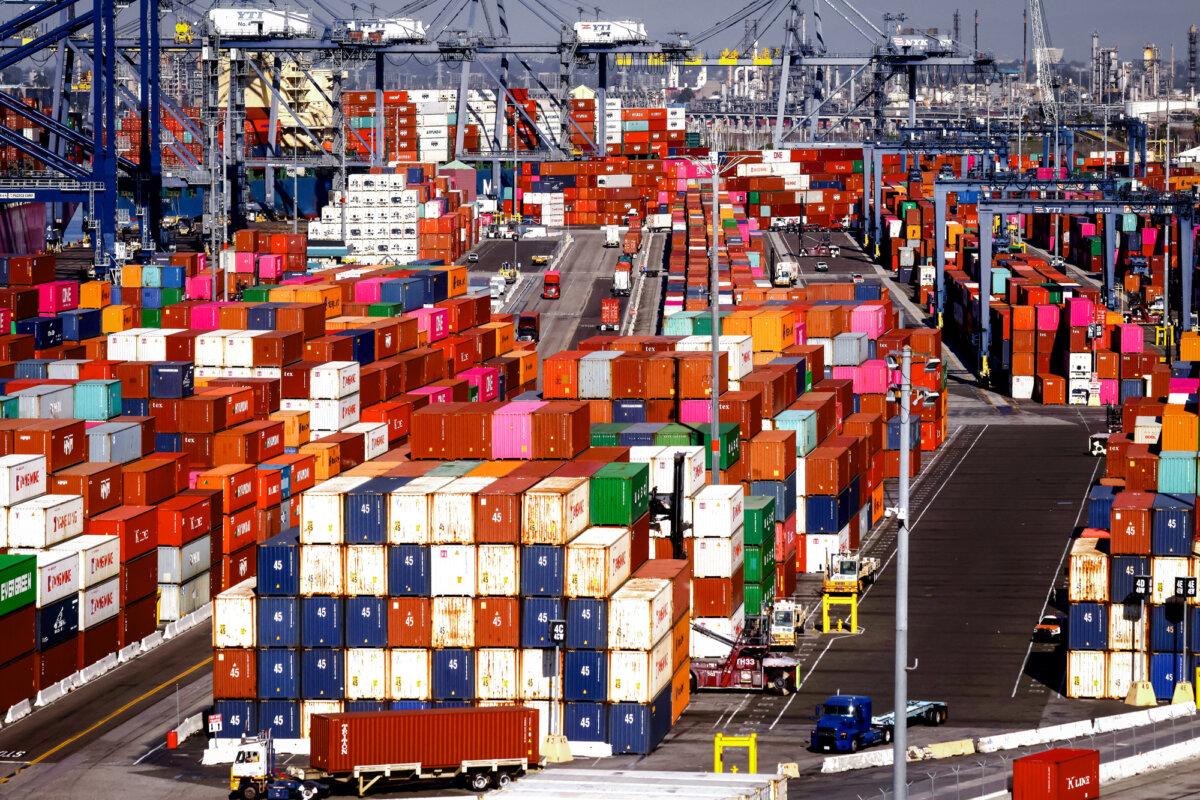 Shipping containers are stacked at the Port of Los Angeles in San Pedro, Calif., on Nov. 24, 2021. California boasts three of the top 10 container ports in the United States. (Mario Tama/Getty Images)