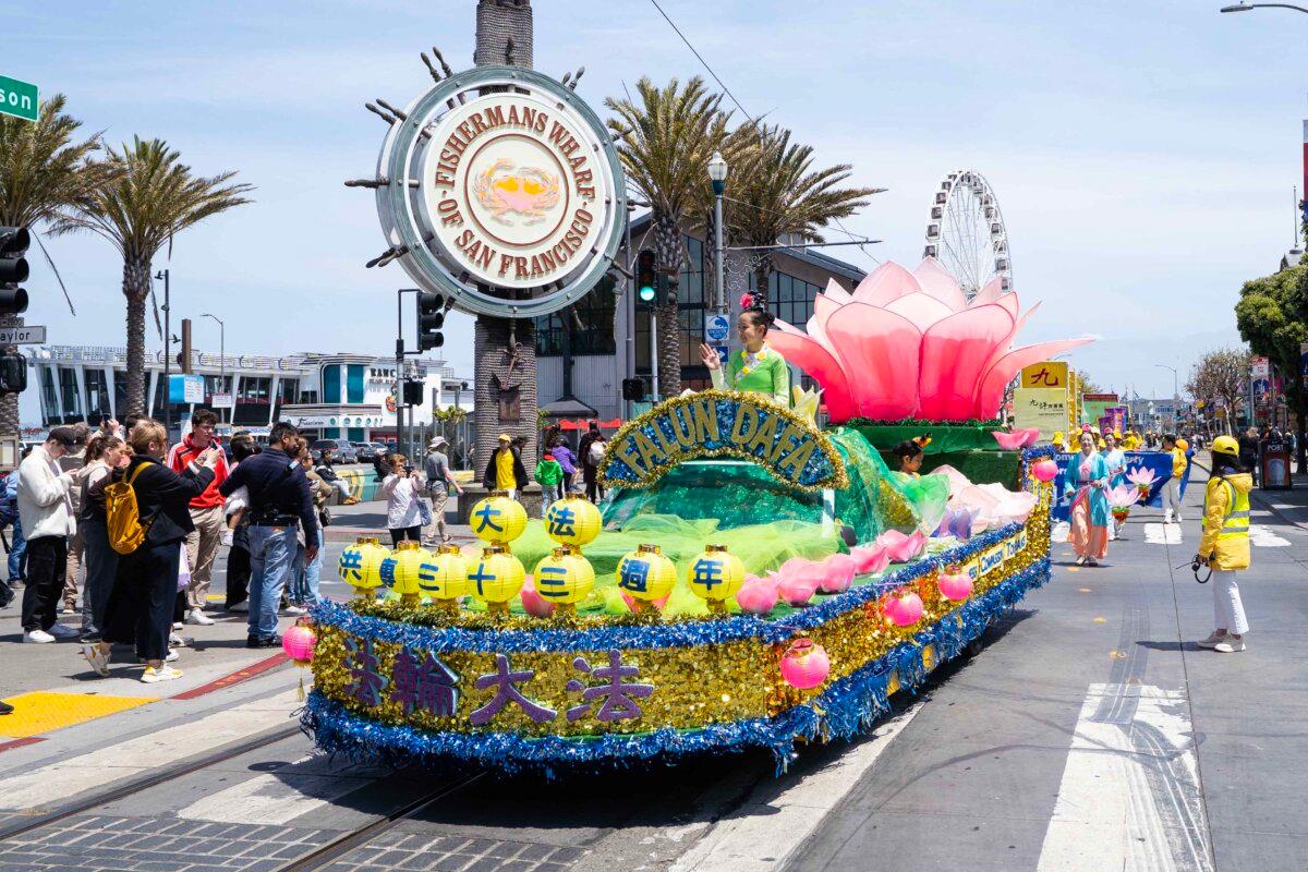 A float in a parade celebrating World Falun Dafa Day in San Francisco on May 3, 2025. (Gary Wang/The Epoch Times)