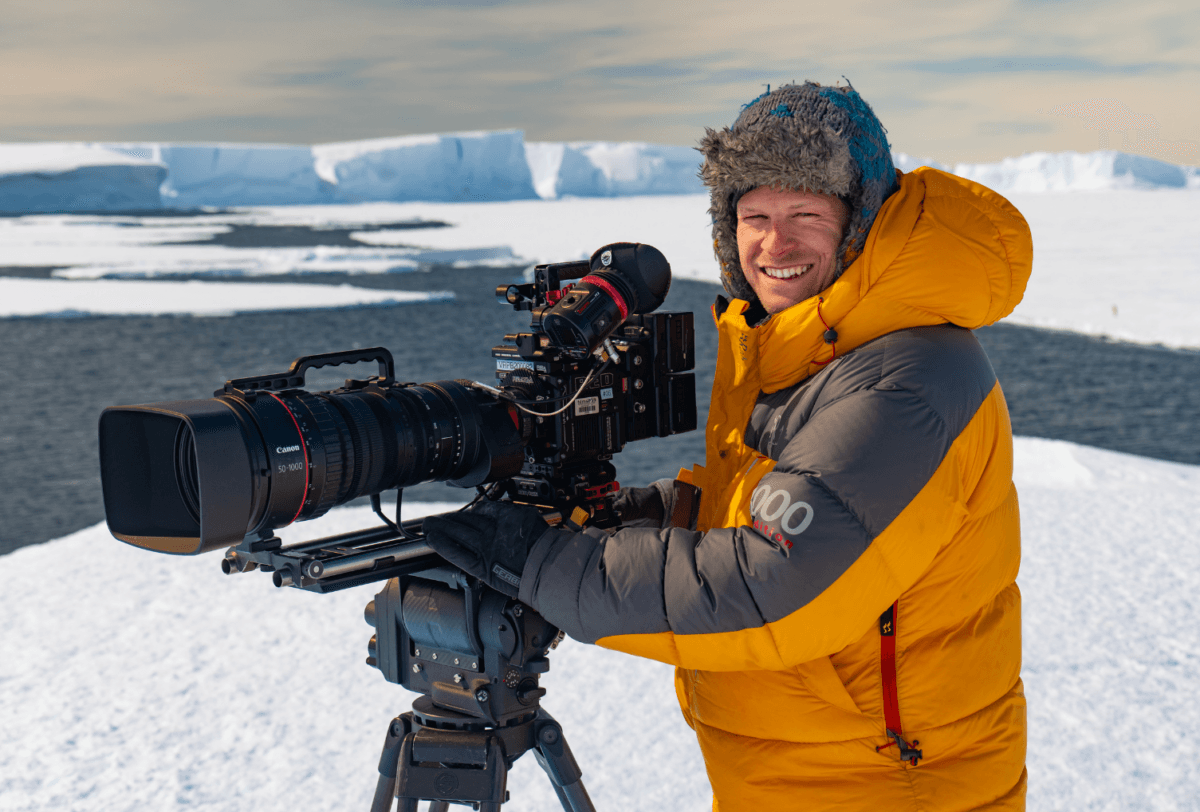 Bertie Gregory filming in Atka Bay, Antarctica. (Ben Joiner/National Geographic)