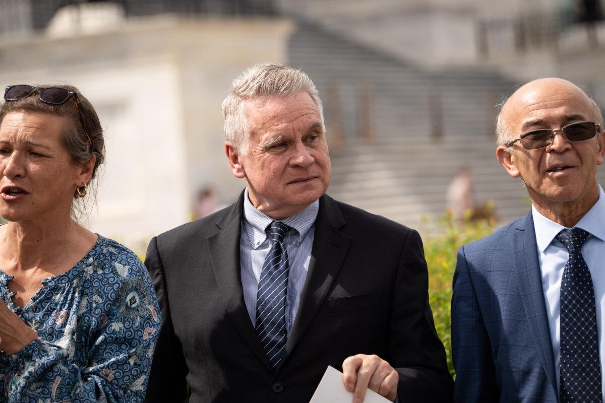 Rep. Chris Smith (R-N.J.), co-chair of the Congressional-Executive Commission on China, listens during a press conference about the Stop Forced Organ Harvesting Act passed by the House on Capitol Hill on May 7, 2025. (Madalina Vasiliu/The Epoch Times)
