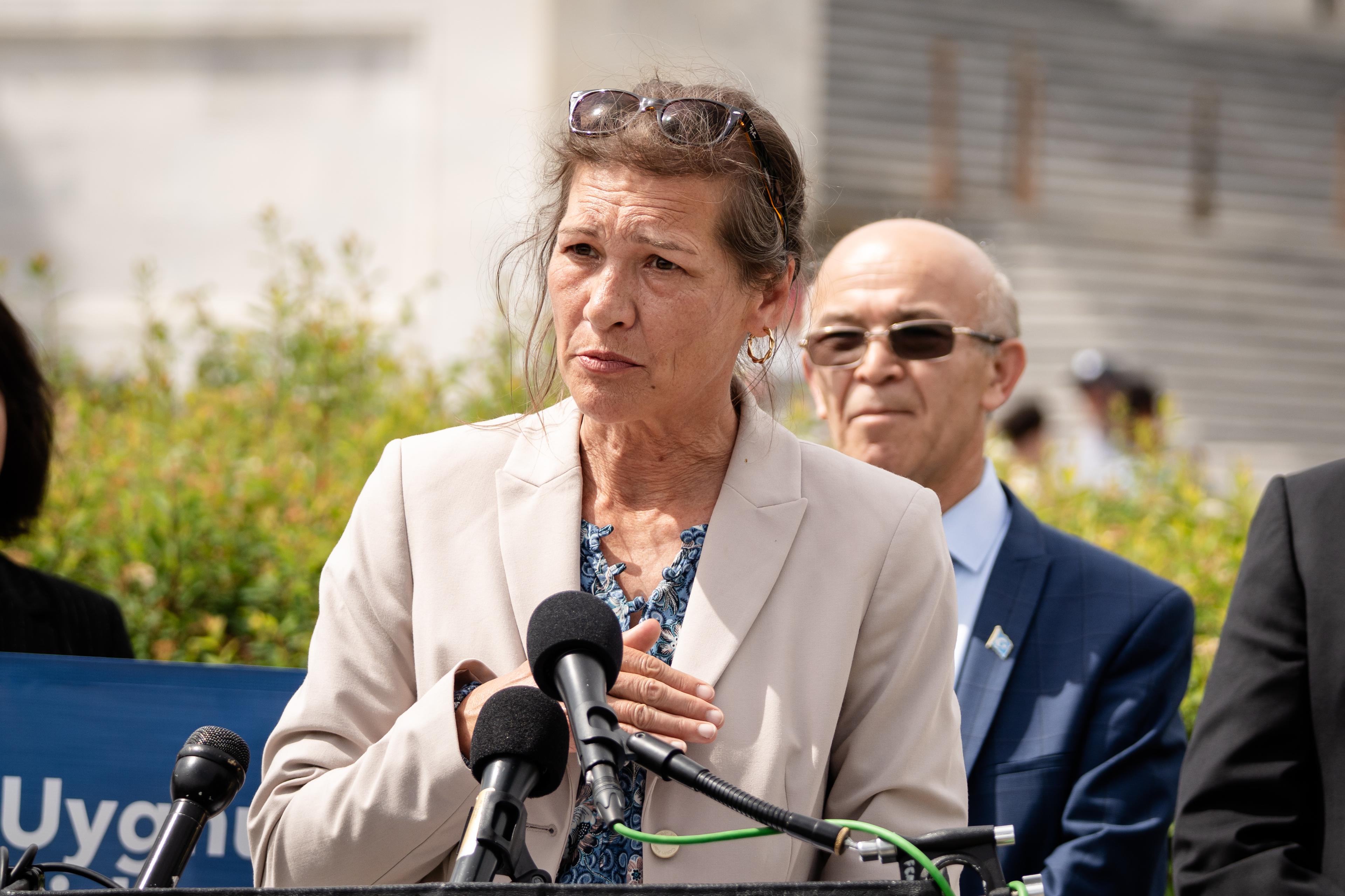 Louisa Greve, an international affairs specialist with the Australian nonprofit International Coalition to End Transplant Abuse in China, speaks about the Stop Forced Organ Harvesting Act passed by the House, on Capitol Hill in Washington on May 7, 2025. (Madalina Vasiliu/The Epoch Times)