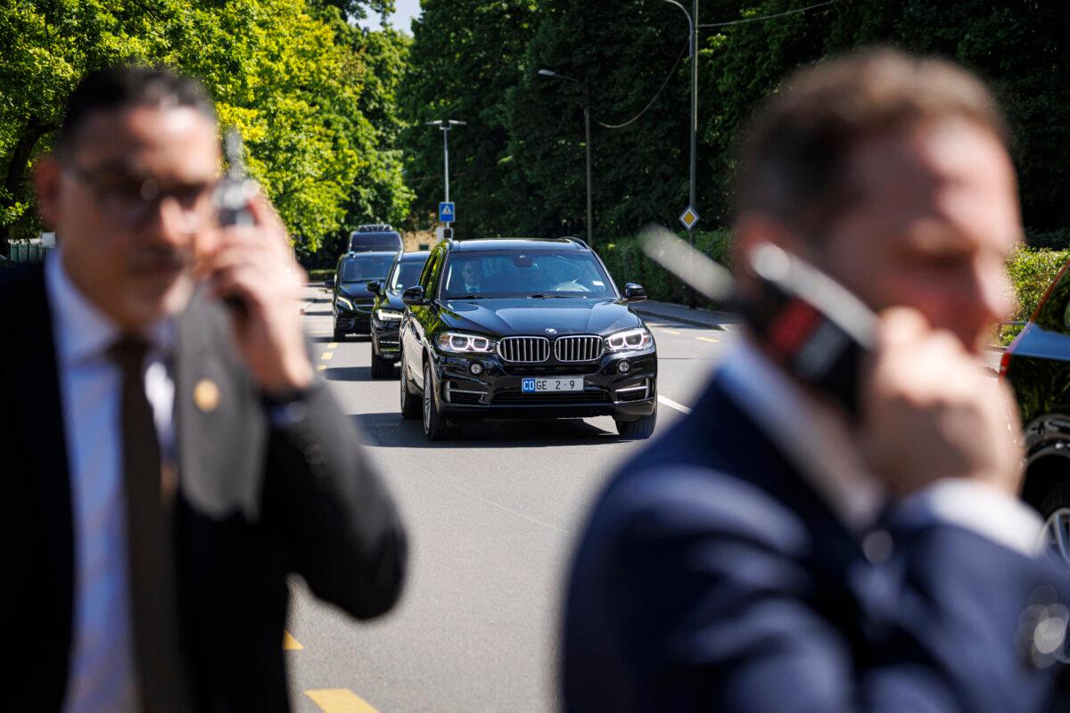 A convoy carrying the U.S. Treasury secretary arrives at the residency of the permanent Swiss ambassador to the United Nations during talks between senior U.S. and Chinese officials on tariffs, in Geneva on May 11, 2025. (Valentin Flauraud/AFP via Getty Images)