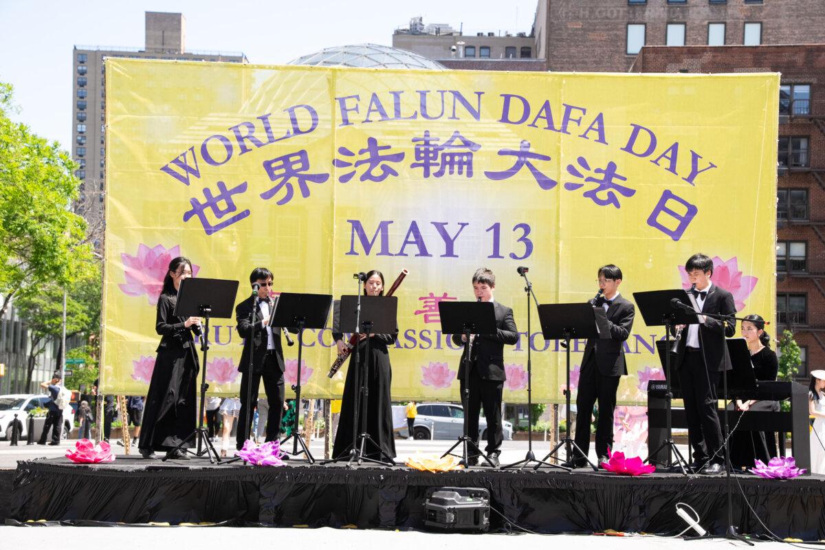 A performance commemorating World Falun Dafa Day at Union Square in New York City on May 11, 2025. (Larry Dye/The Epoch Times)