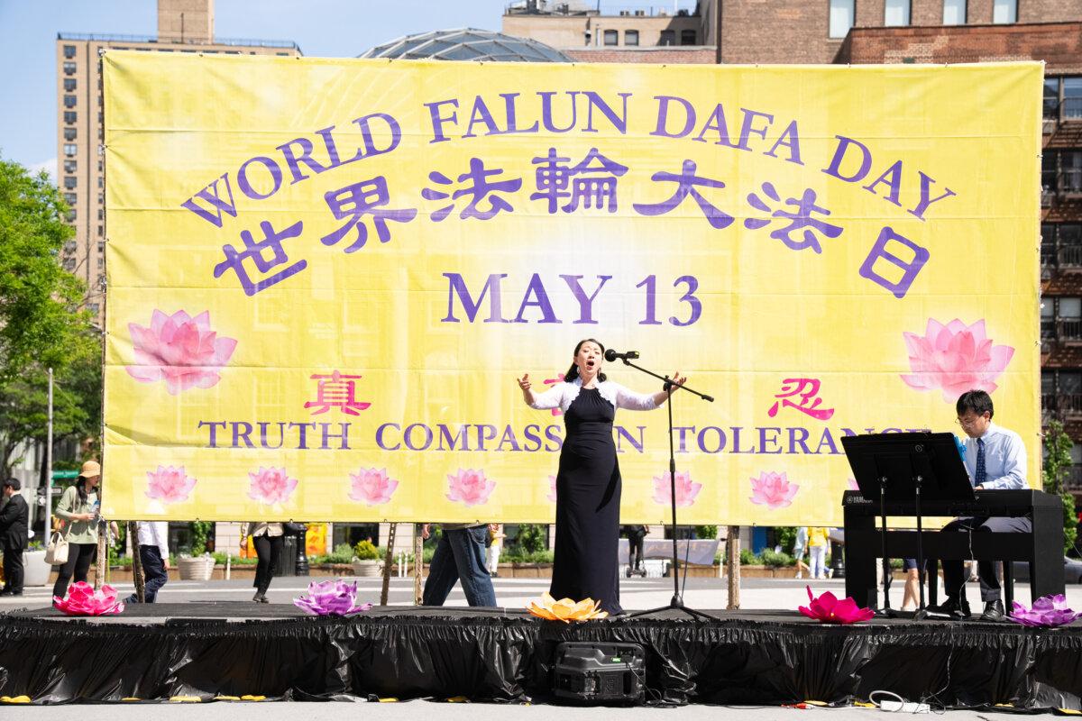 A performance commemorating World Falun Dafa Day at Union Square in New York City on May 11, 2025. (Larry Dye/The Epoch Times)