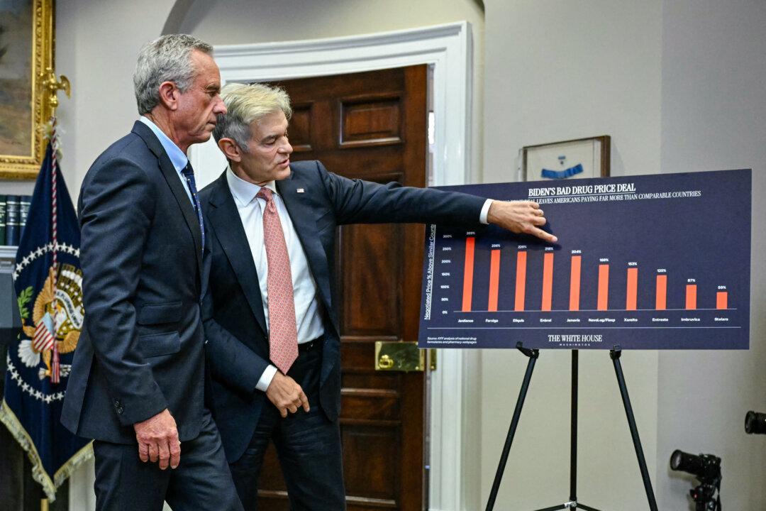 Health Secretary Robert F. Kennedy Jr. (L) and Medicare and Medicaid Administrator Dr. Mehmet Oz chat before the start of a news conference with President Donald Trump about prescription drug prices, in the Roosevelt Room of the White House on May 12, 2025. (Jim Watson/AFP via Getty Images)