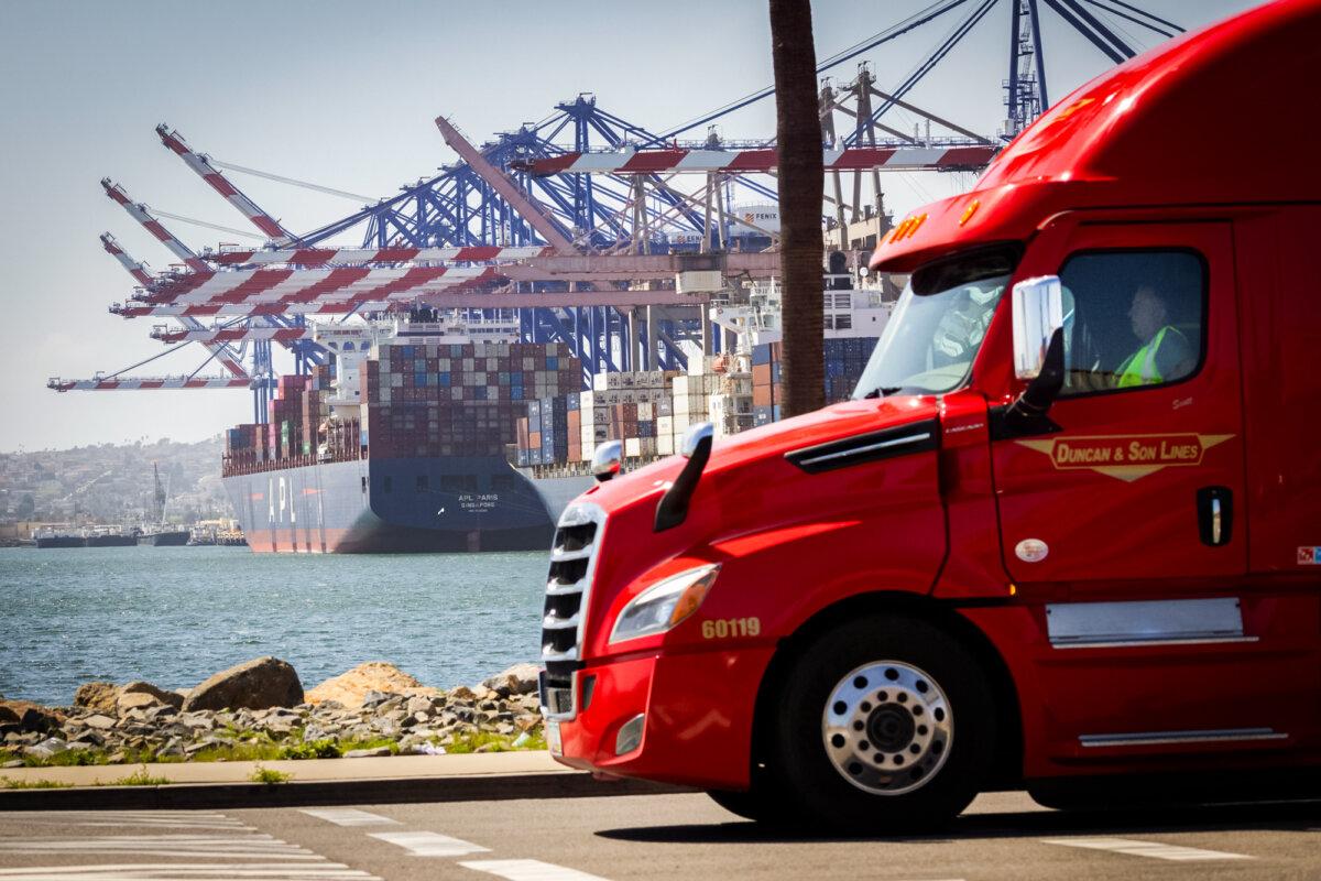Truckers prepare to pick up shipping containers from the Port of Long Beach, Calif., on March 28, 2025. (John Fredricks/The Epoch Times)