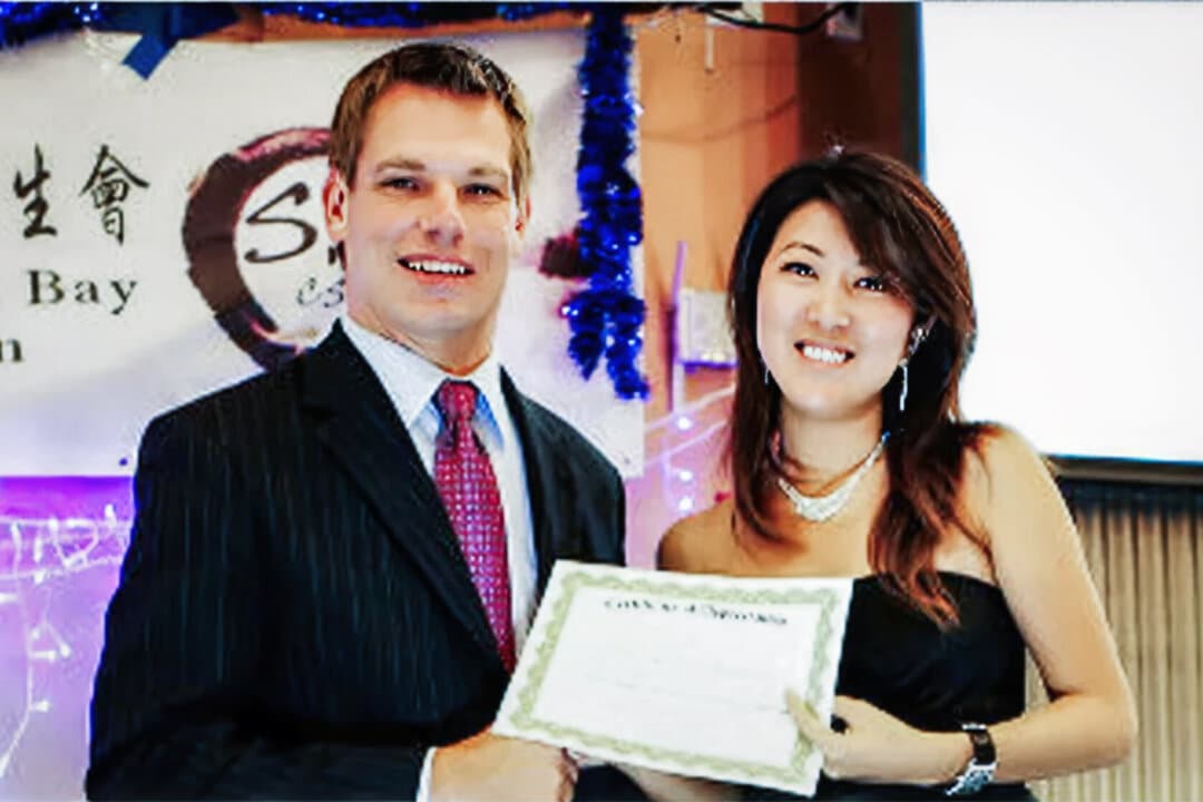 Christine Fang, also known as Fang Fang, with Eric Swalwell, then a Dublin City council member, at a student event in October 2012. When Fang was enrolled as a student at California State University, East Bay, she was allegedly tasked with networking with and befriending up-and-coming U.S. officials on behalf of communist China. (Screenshot/Social media)