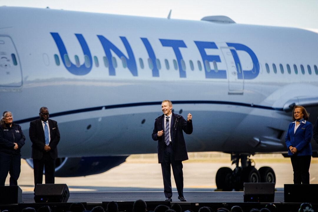 United Airlines CEO Scott Kirby speaks during a joint press event with Boeing at the Boeing manufacturing facility in North Charleston, S.C., on Dec. 13, 2022. (Logan Cyrus/AFP via Getty Images)