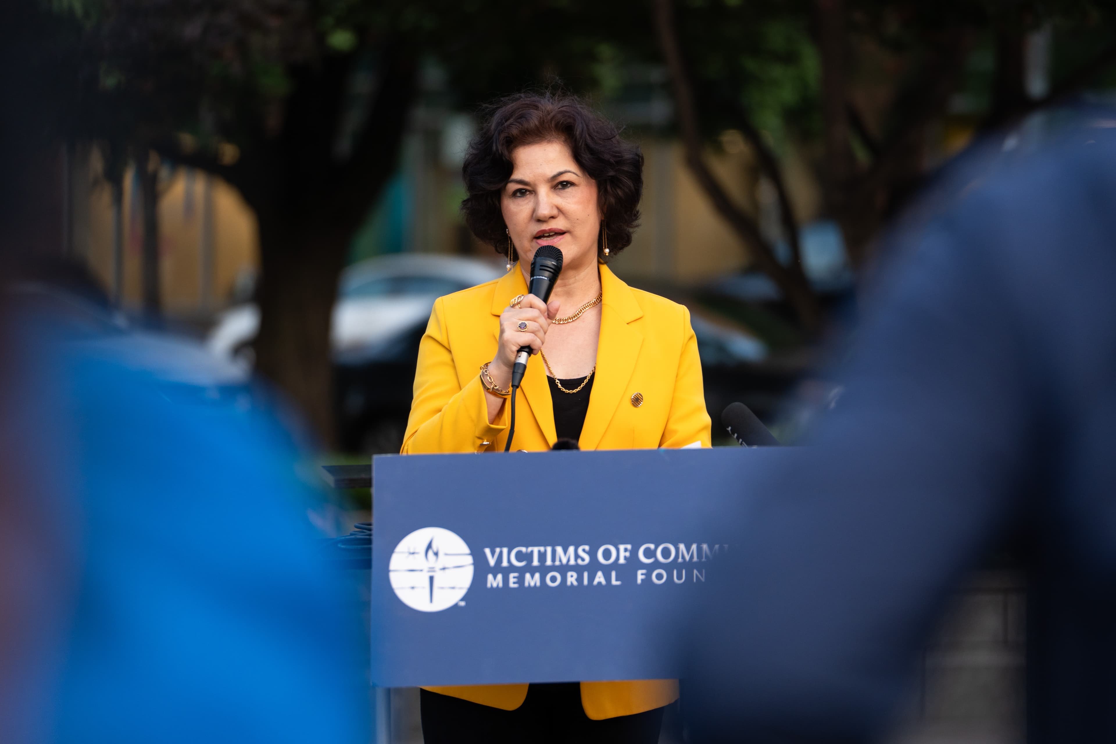 Campaign for Uyghurs founder Rushan Abbas speaks during an event commemorating the Tiananmen Square Massacre that happened in China on June 4, 1989, at the Victims of Communism Memorial in Washington on June 4, 2025. (Madalina Vasiliu/The Epoch Times)