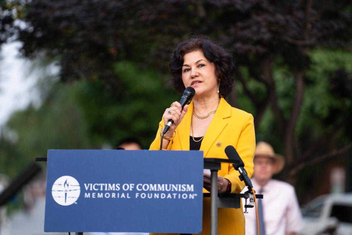 Campaign for Uyghurs founder Rushan Abbas speaks during an event commemorating the Tiananmen Square Massacre that happened in China on June 4, 1989, at the Victims of Communism Memorial in Washington on June 4, 2025. (Madalina Vasiliu/The Epoch Times)