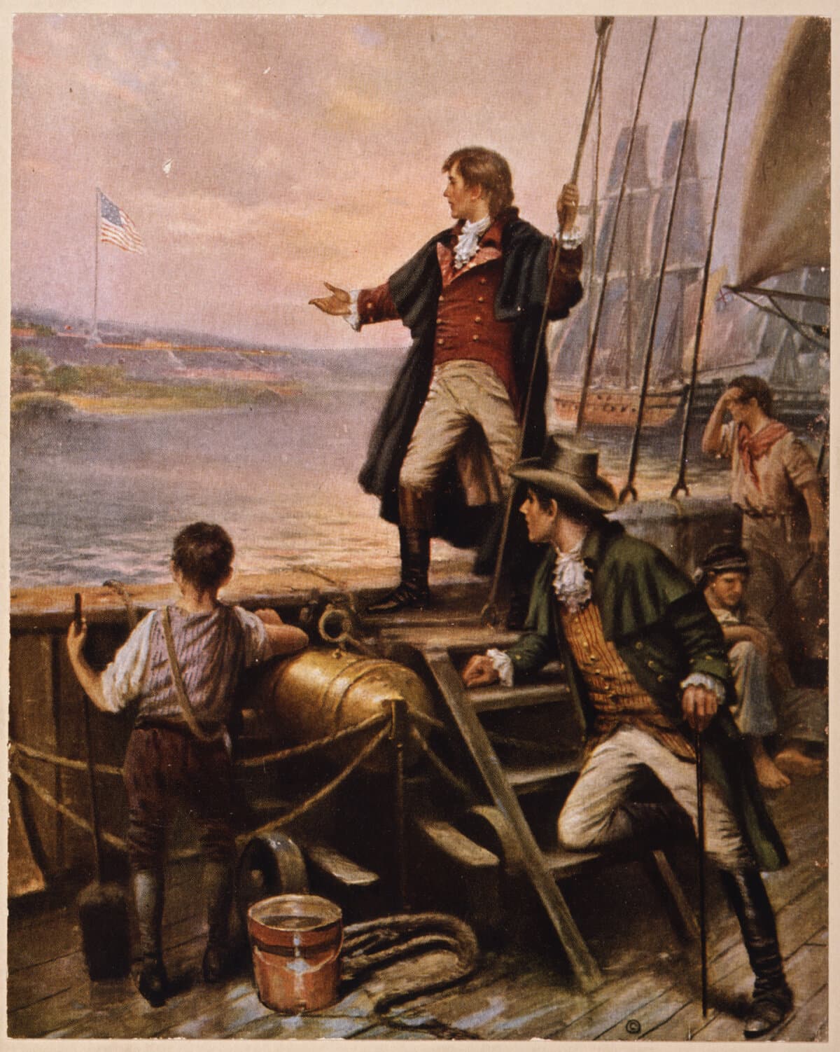 "The Star Spangled Banner," circa 1913, by Percy Moran illustrates Francis Scott Key standing on boat, with right arm stretched out toward the United States flag, with 15 stripes, flying over Fort McHenry, Baltimore, Md. Library of Congress. (Public Domain)