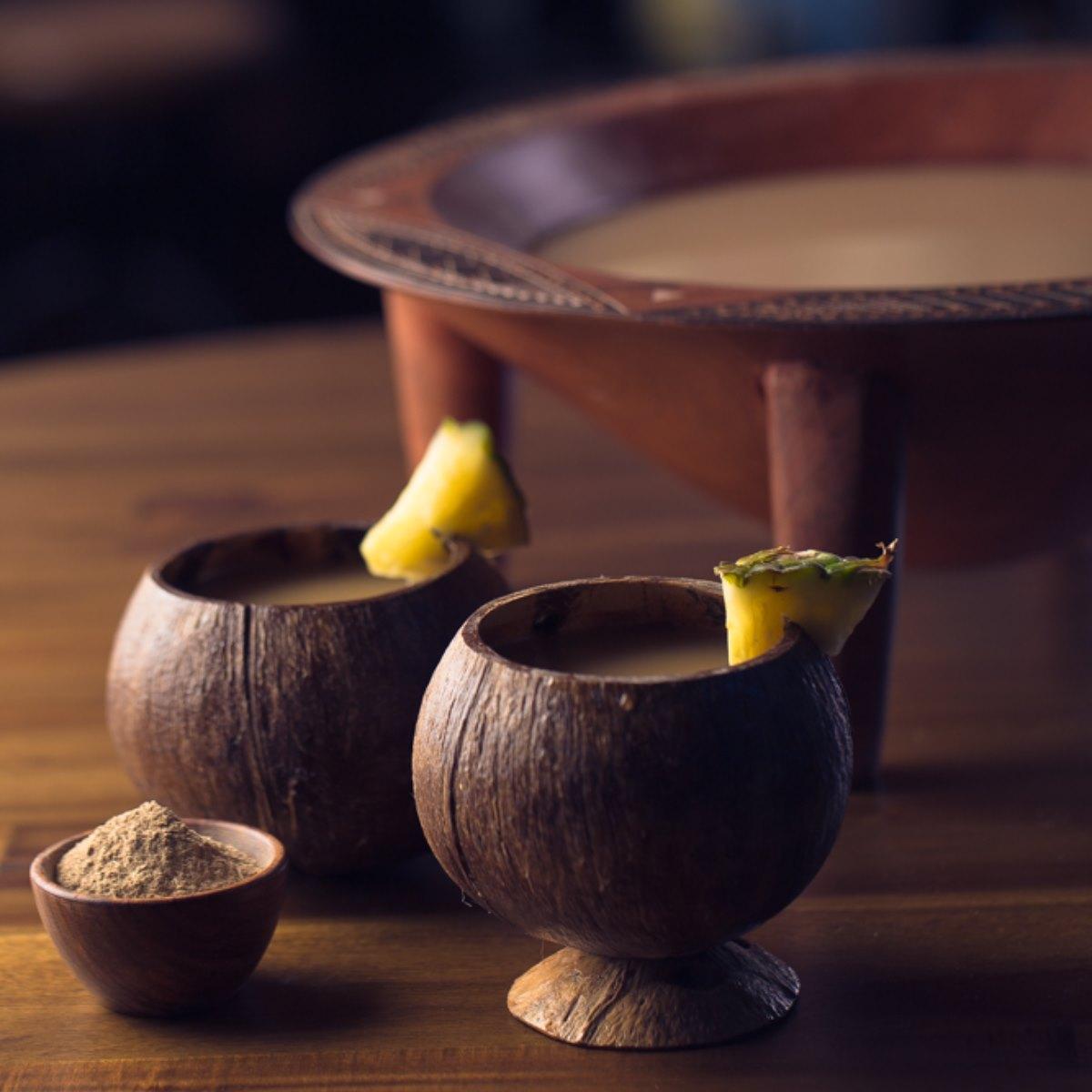 Kava tea is served in a traditional bowl and cups. (Courtesy of Root of Happiness)