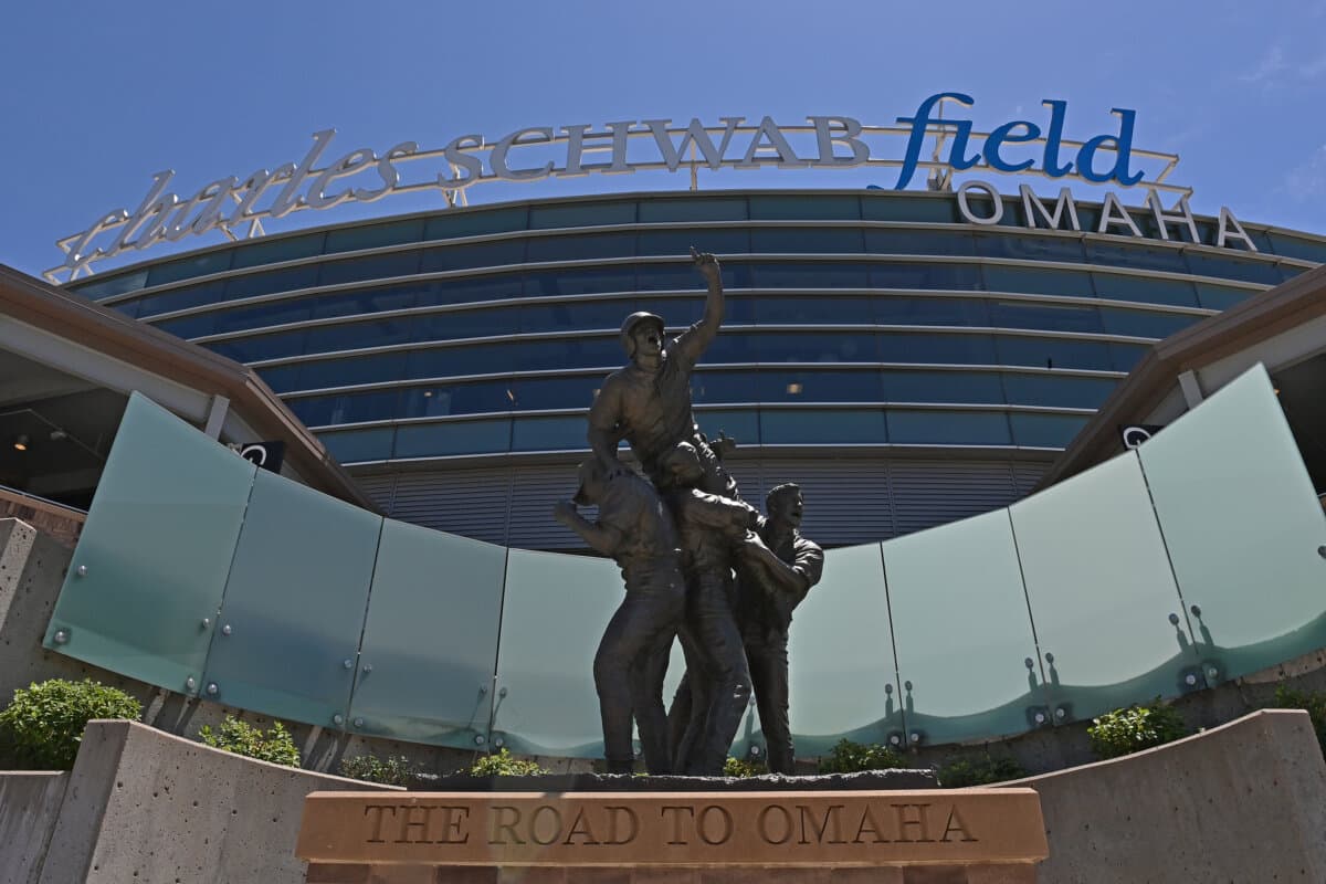 The "Road to Omaha" statue outside Charles Schwab Field at the NCAA Division I Baseball Championship in Omaha, Neb., on June 24, 2024. (Peter Aiken/Getty Images)