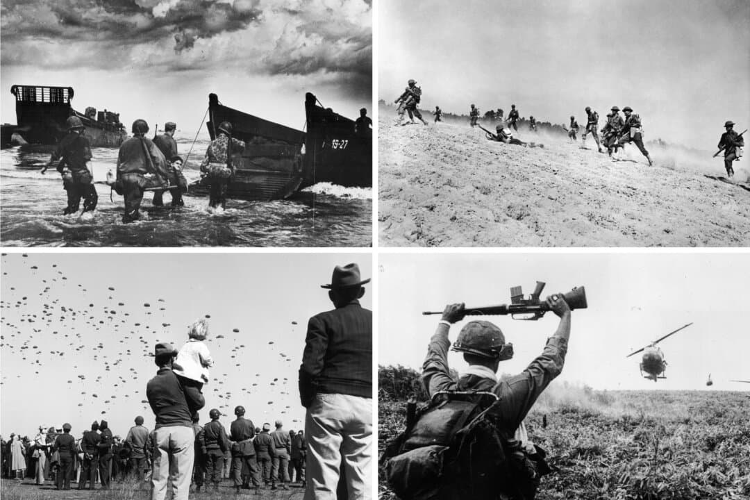 (Top Left) U.S. soldiers load wounded comrades onto amphibious vehicles during the opening stages of the Battle of the Philippines from the shore of Leyte, Philippines, on Oct. 31, 1944. (Top Right) U.S. Army troops charge across a dusty field during a battle in World War I in late 1917. (Bottom Left) Civilians and military personnel watch a mass parachute jump by U.S. 82nd Airborne Division troops during Exercise Long Horn at Fort Hood, Texas, on March 28, 1952. (Bottom Right) A U.S. Army 1st Air Cavalry soldier holds his rifle above his head while directing helicopters landing in a field during an operation north of Saigon in the Vietnam War. The helicopters are transporting unit members to their patrol area. (U.S. Navy/Getty Images)