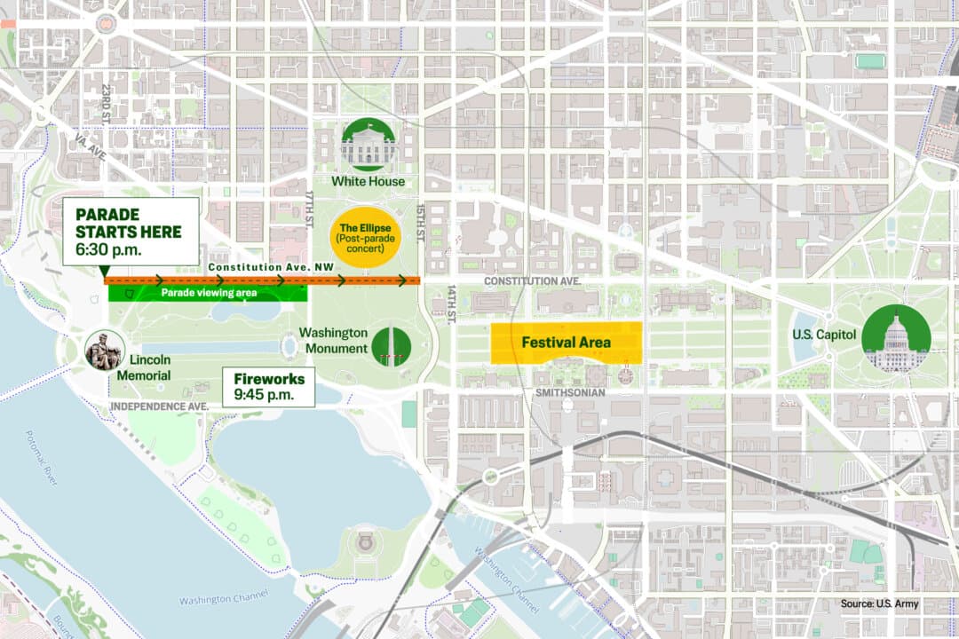 A map showing the route of the parade and locations of featured events celebrating the 250th birthday of the U.S. Army in Washington on June 14, 2025. (Illustration by The Epoch Times, MapTiler, Getty Images, Pngtree)